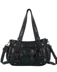 Textured Multi-Pocket Shoulder Bag with Rivet Details