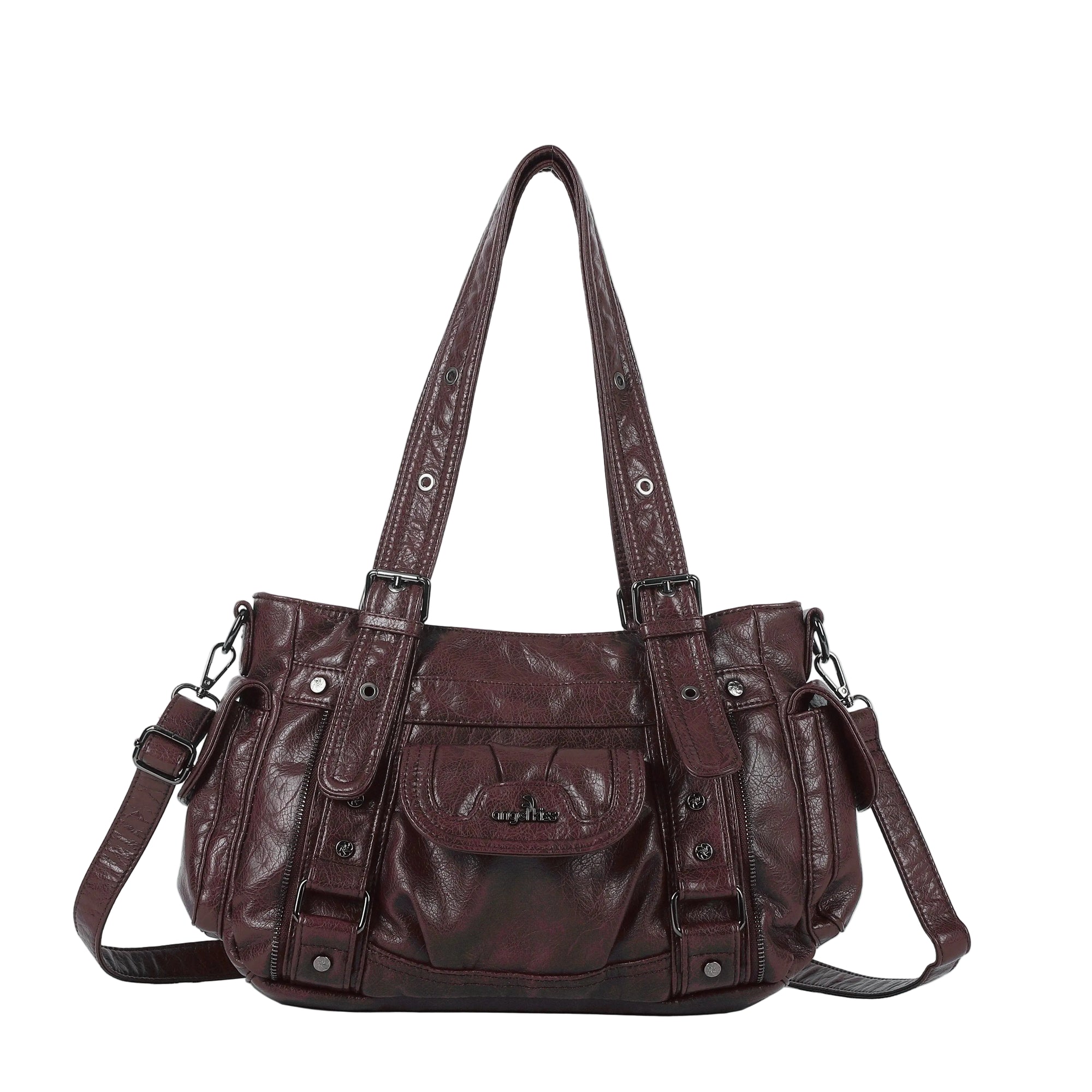 Textured Multi-Pocket Shoulder Bag with Rivet Details