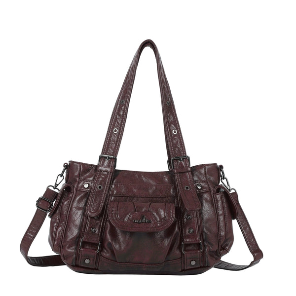 Textured Multi-Pocket Shoulder Bag with Rivet Details