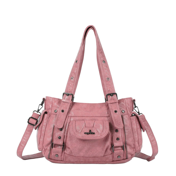 Textured Multi-Pocket Shoulder Bag with Rivet Details
