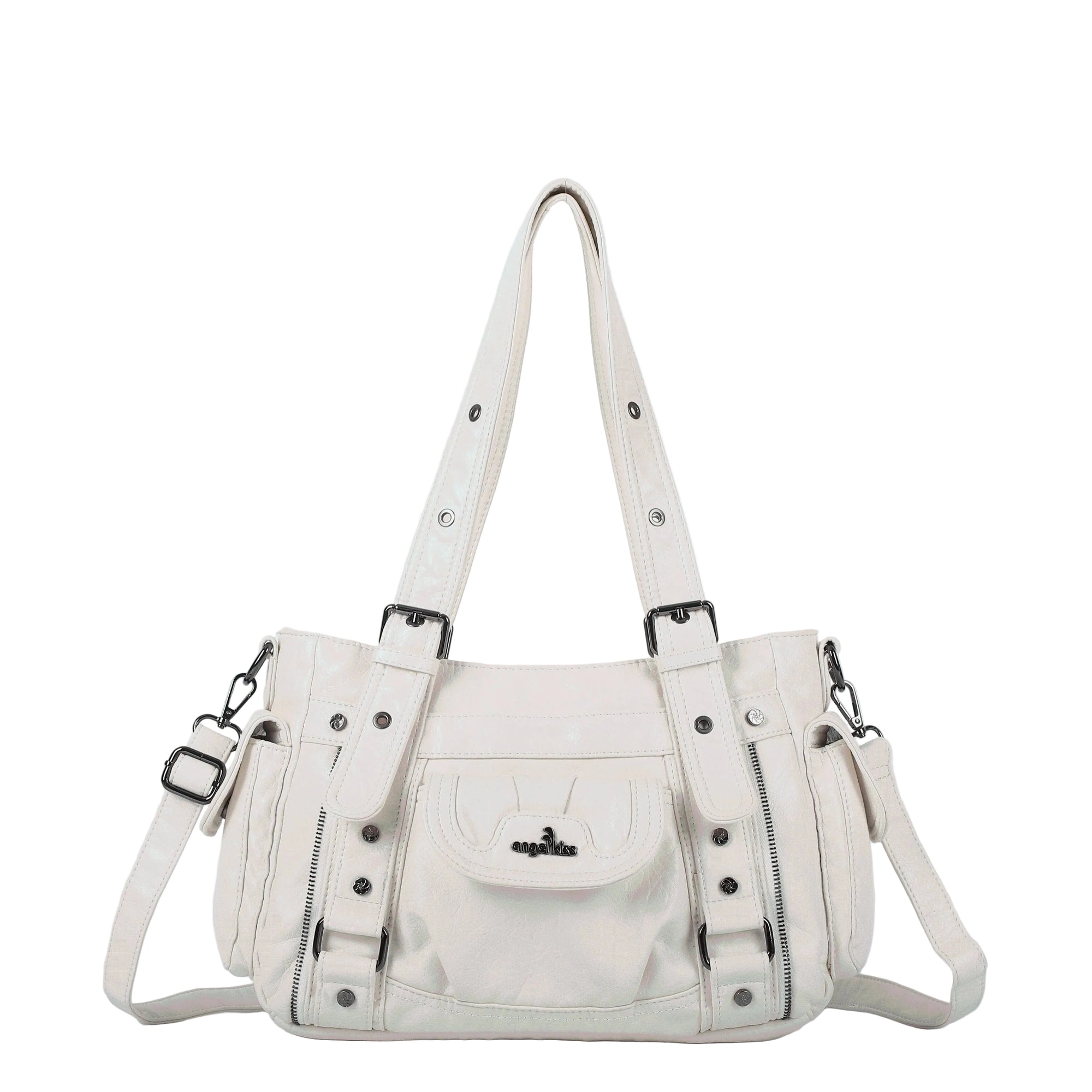 Textured Multi-Pocket Shoulder Bag with Rivet Details
