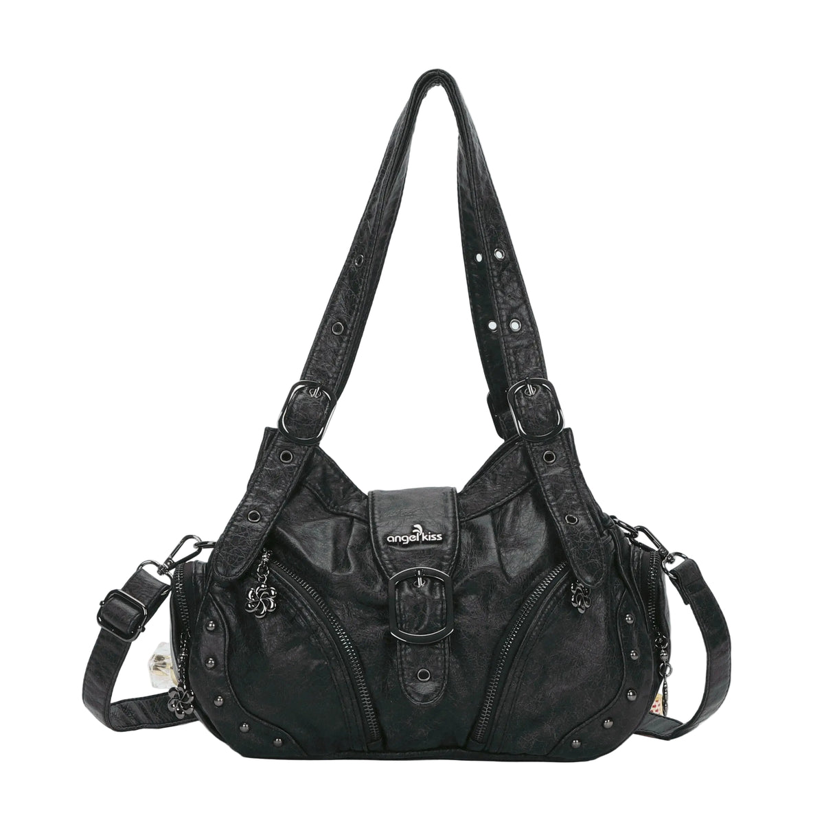 Vintage Washed Multi-Zip Moto Shoulder Bag