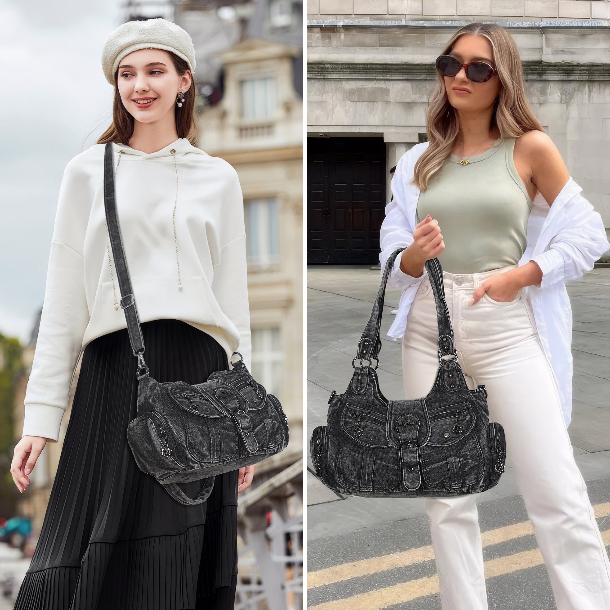 Black Washed Denim Multi-Pocket Shoulder Crossbody Bag for Women