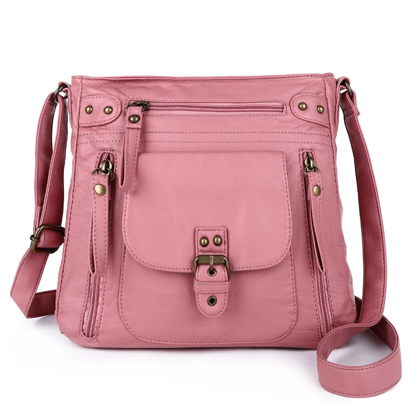 Solid Color Washed PU Leather Adjustable Shoulder Bag