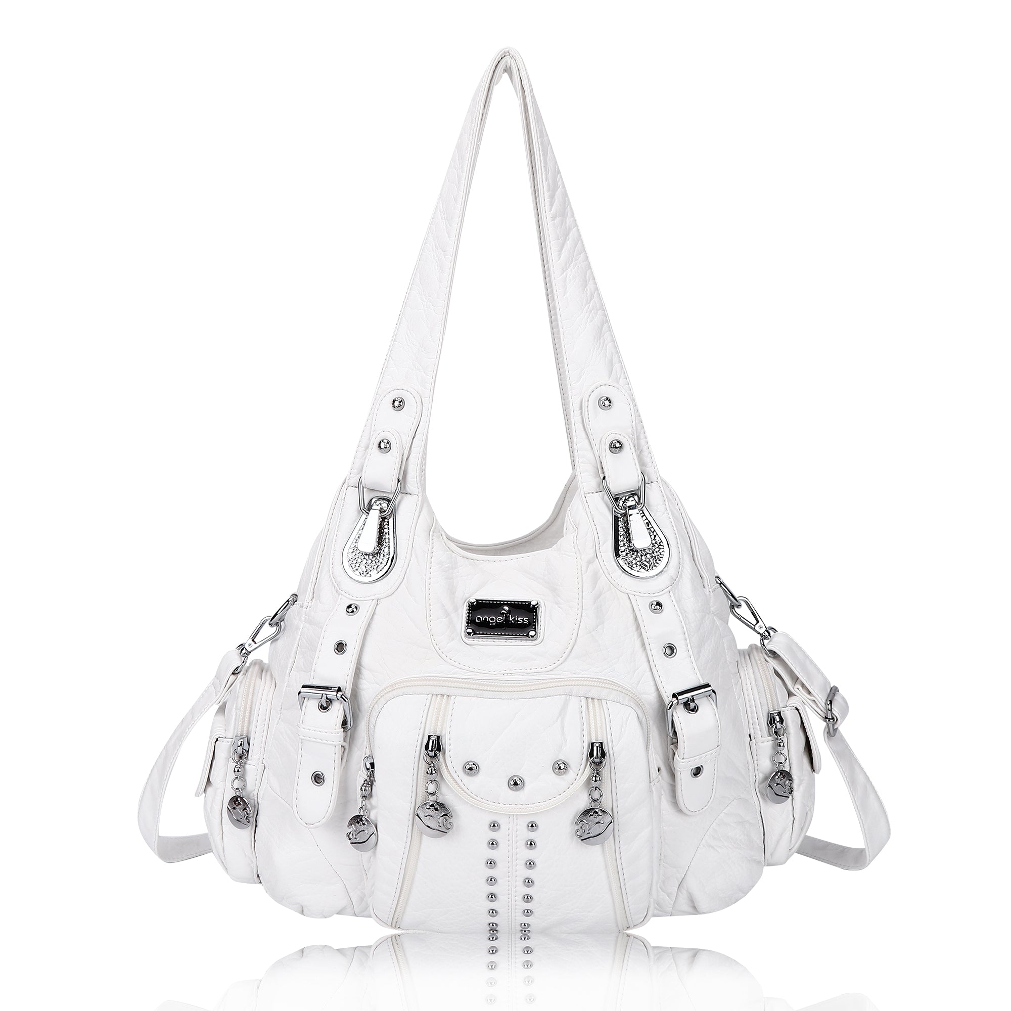 lure you in ANGEL STITCH BAG ショルダーバッグ 白 Rivet Hobo Shoulder Bag with Front Pockets and Wide Straps – Angel