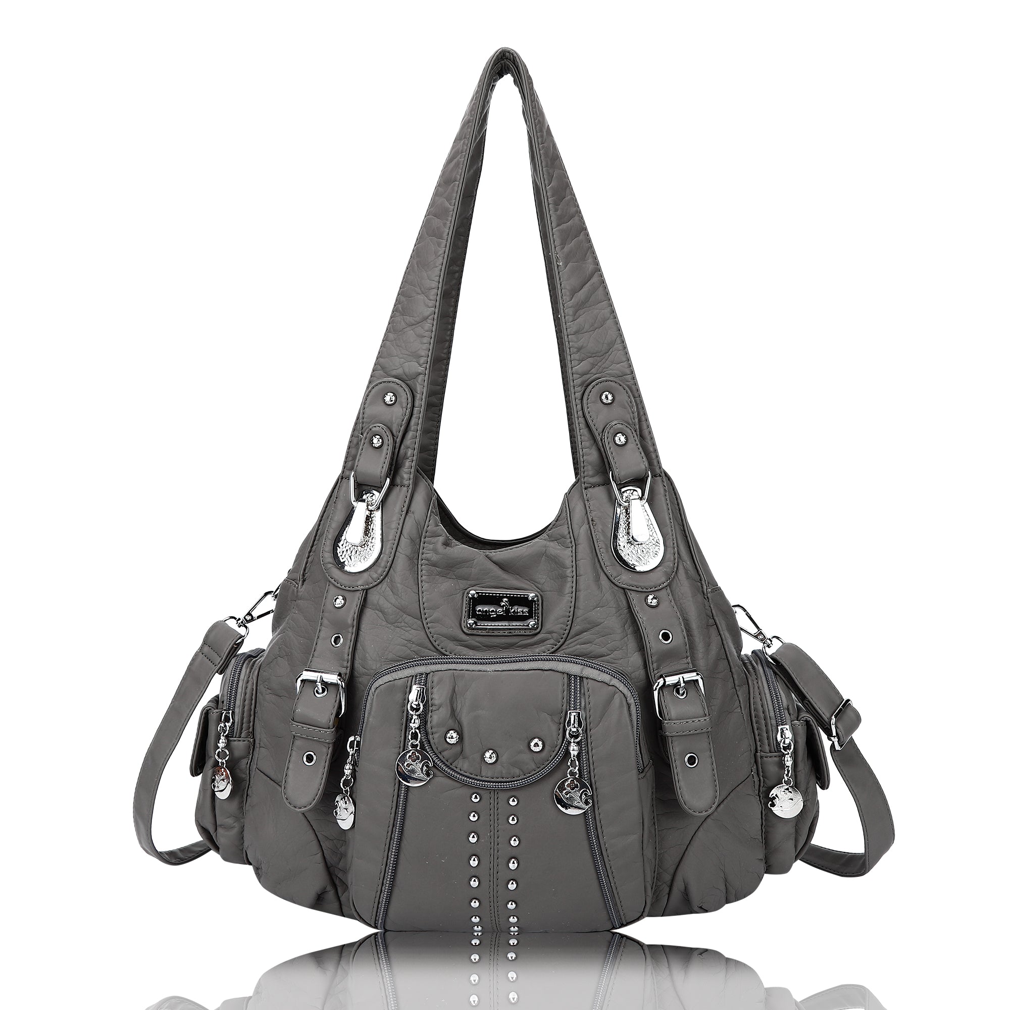 Women Shouder Handbag of Washed PU with Multi-pockets