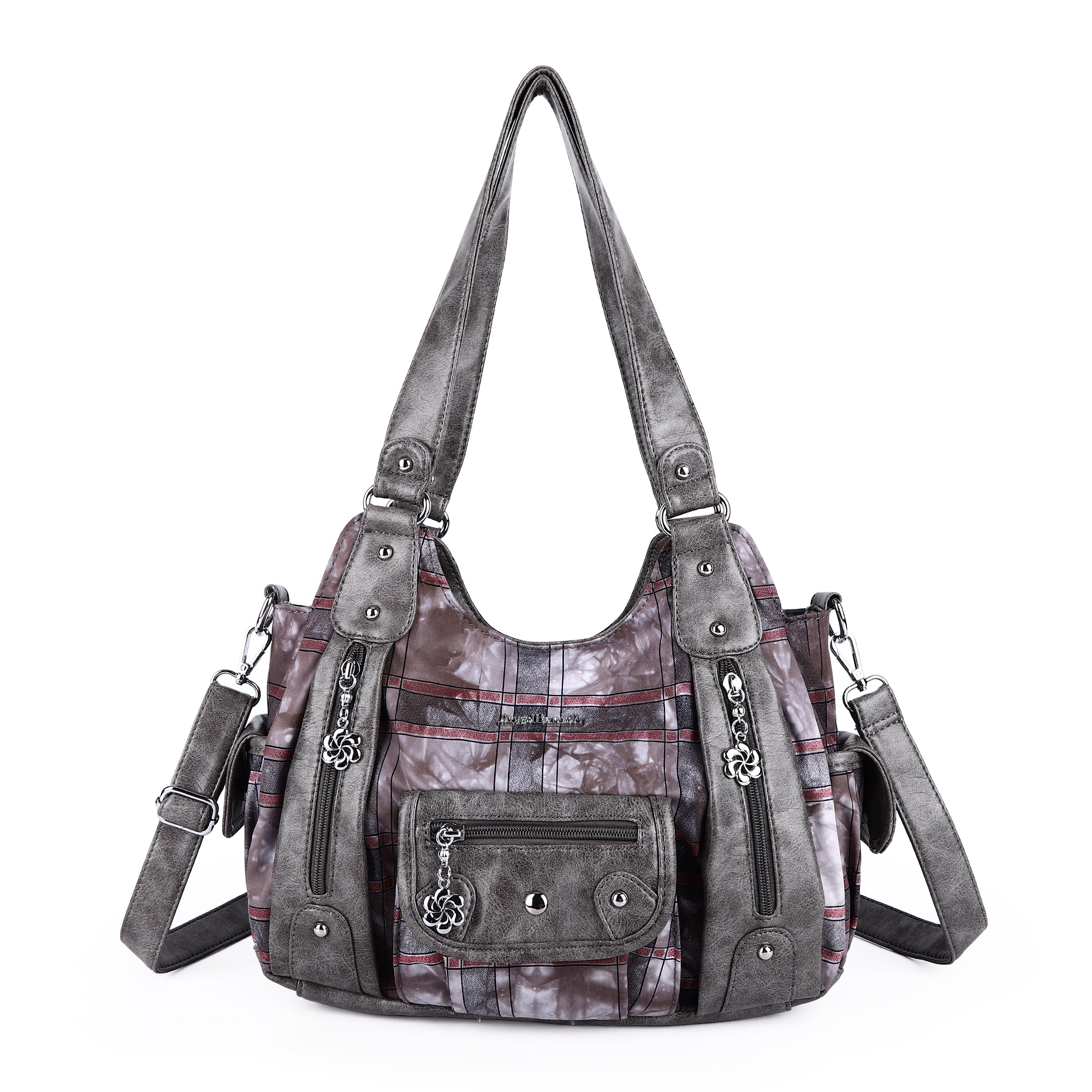 Plaid vintage wash PU leather women&#39;s shoulder bag tote bag