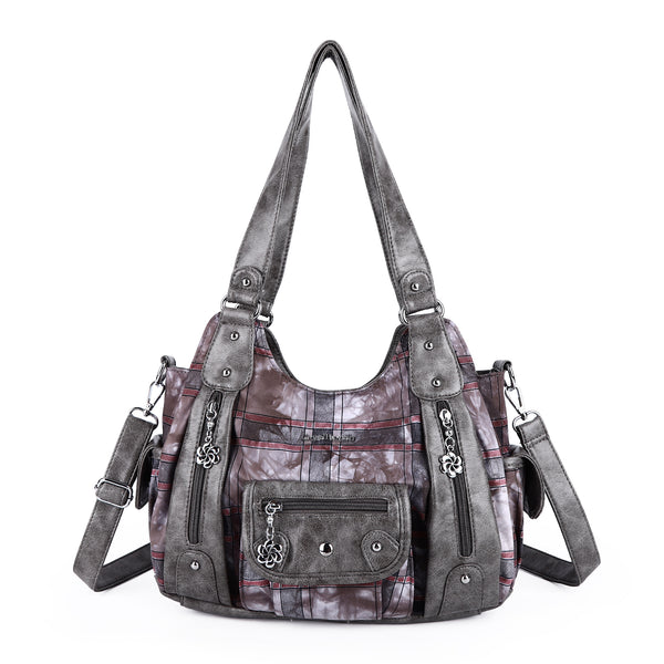Plaid vintage wash PU leather women's shoulder bag tote bag