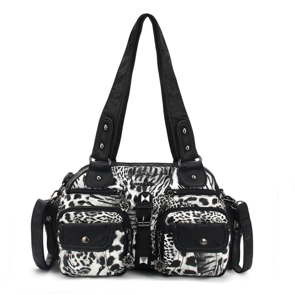 Washed PU Leather Leopard Print Shoulder Bag
