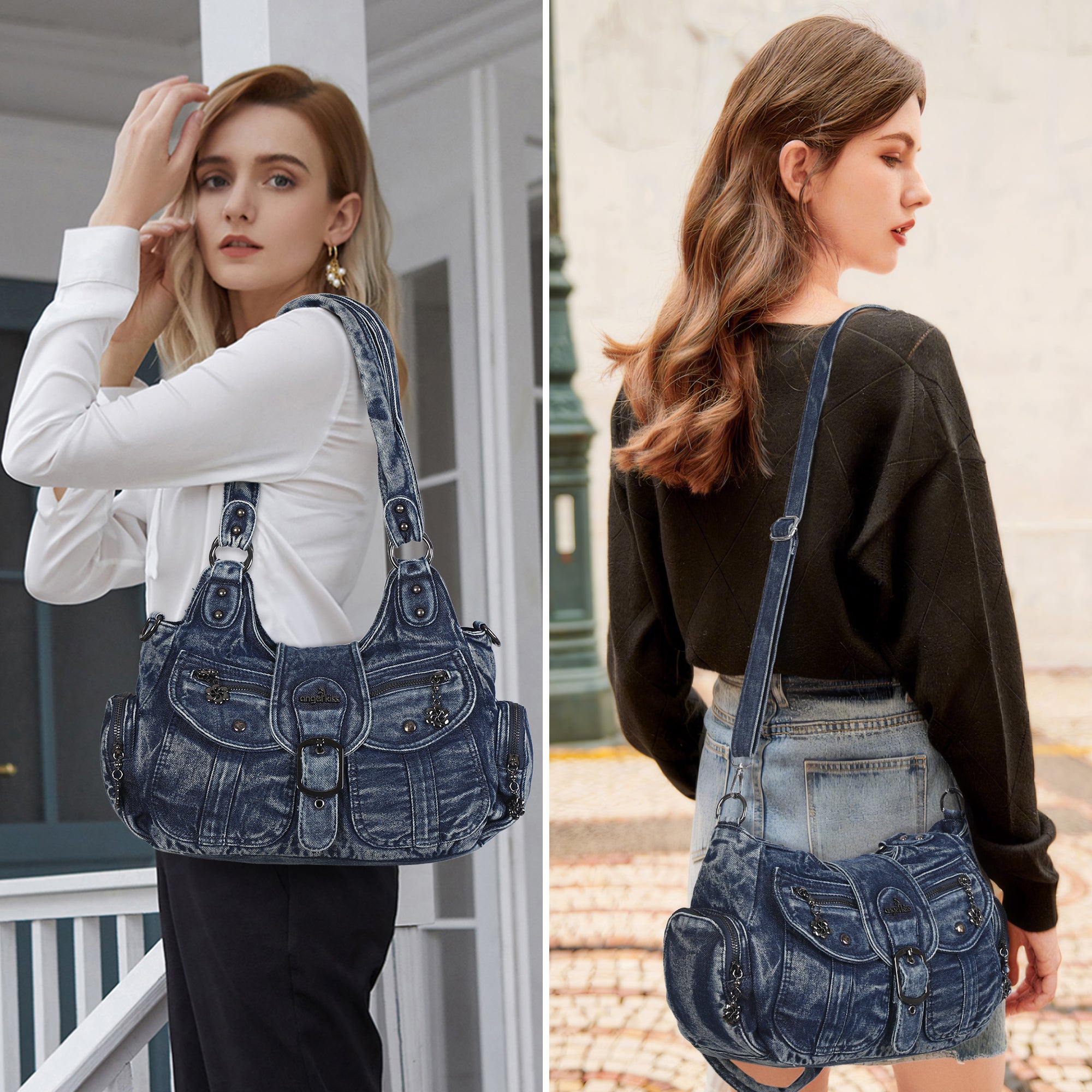 women's vintage denim hobo bag, multi-compartment bag, high