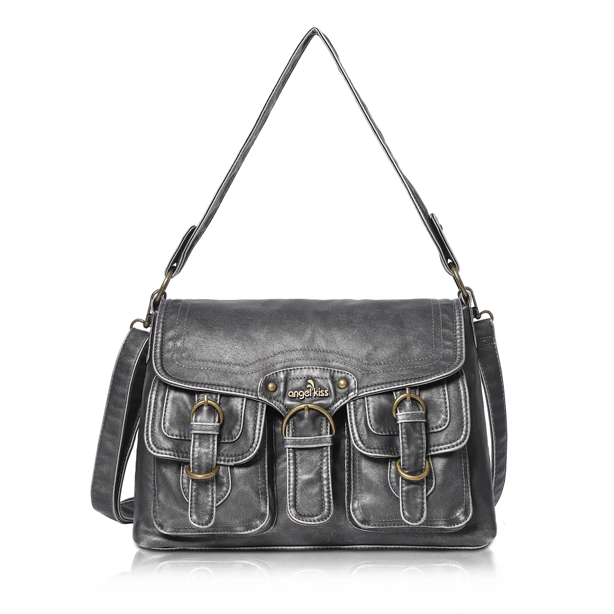 Vintage Washed Flap Shoulder Bag with Front Pockets