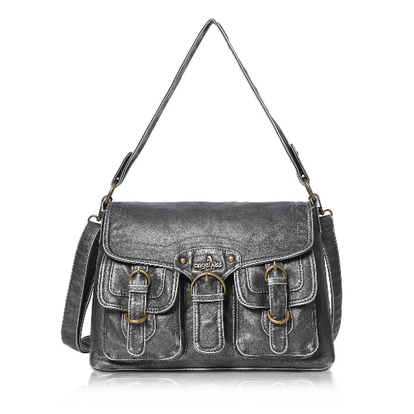 Vintage Washed Flap Shoulder Bag with Front Pockets