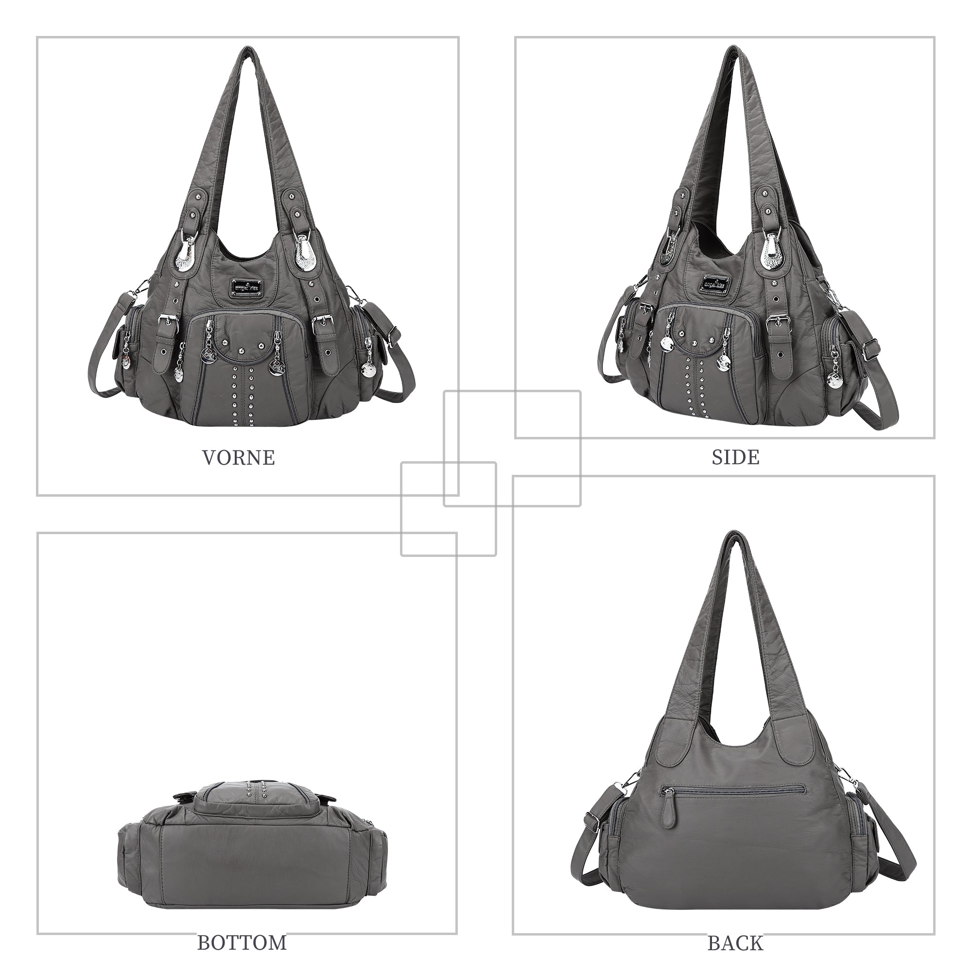 Women Shouder Handbag of Washed PU with Multi-pockets