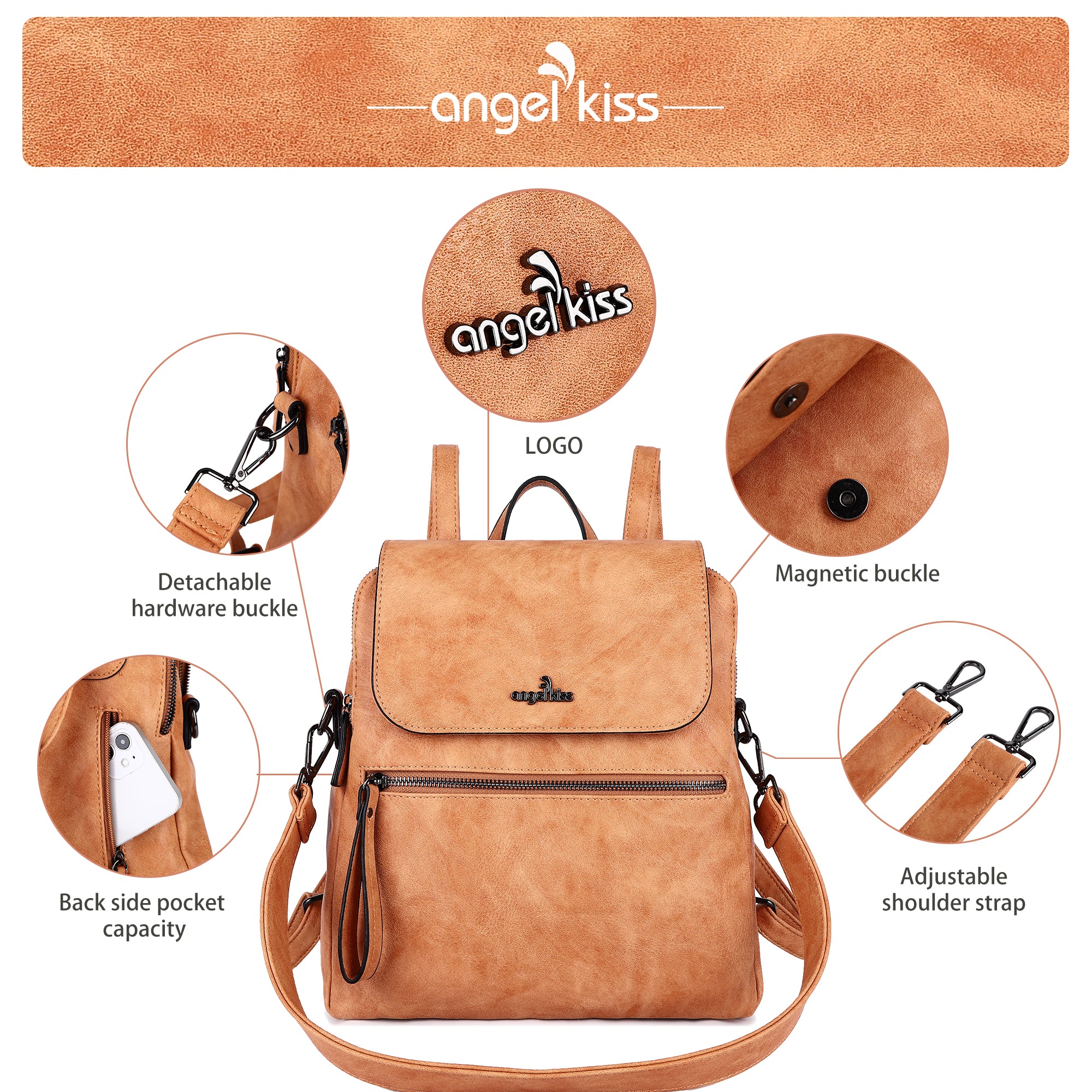 Women Backpack with a detachable shoulder strap-Angelkiss Bag