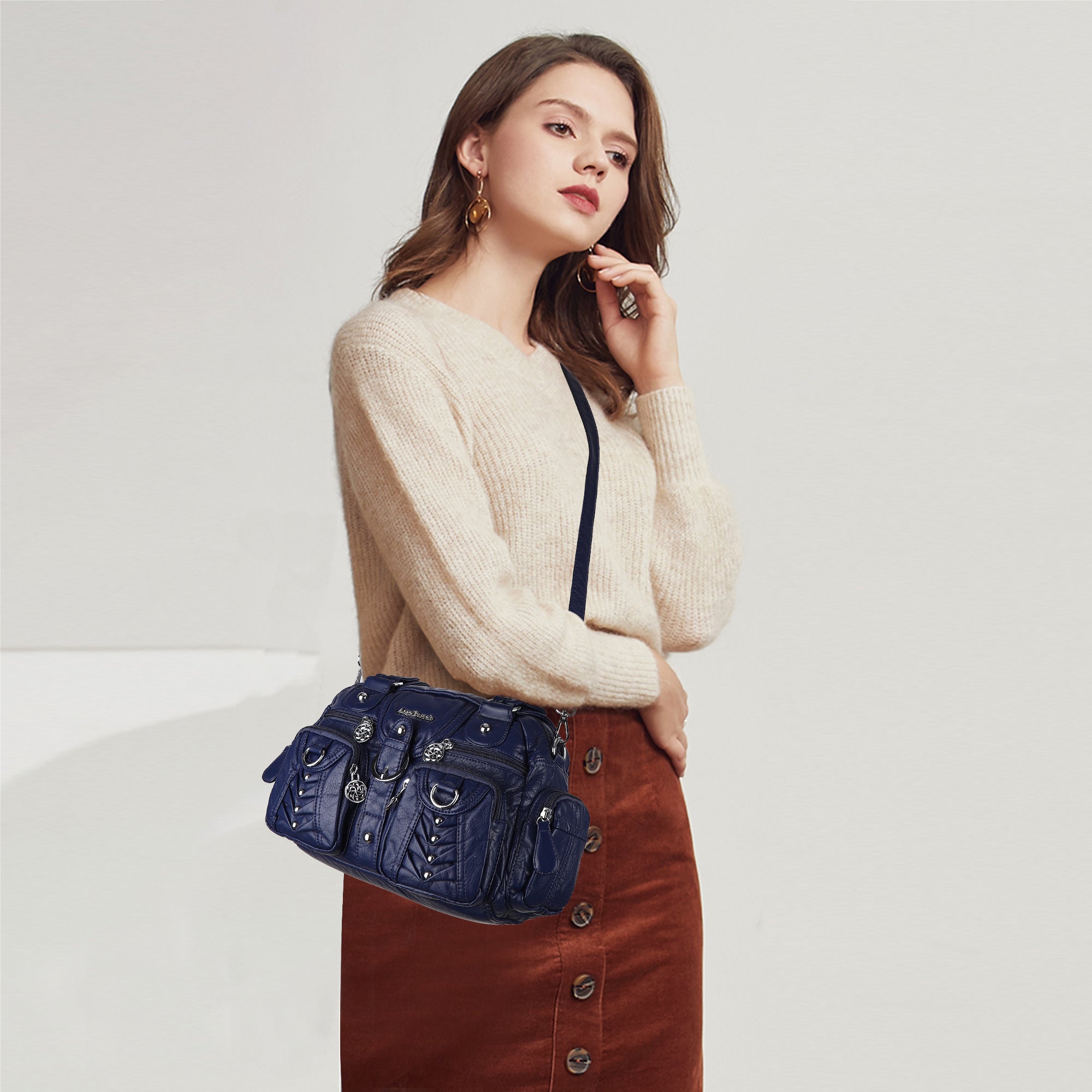 PU Faux Leather Studded Multi-Pocket Crossbody Bag – Angel Kiss