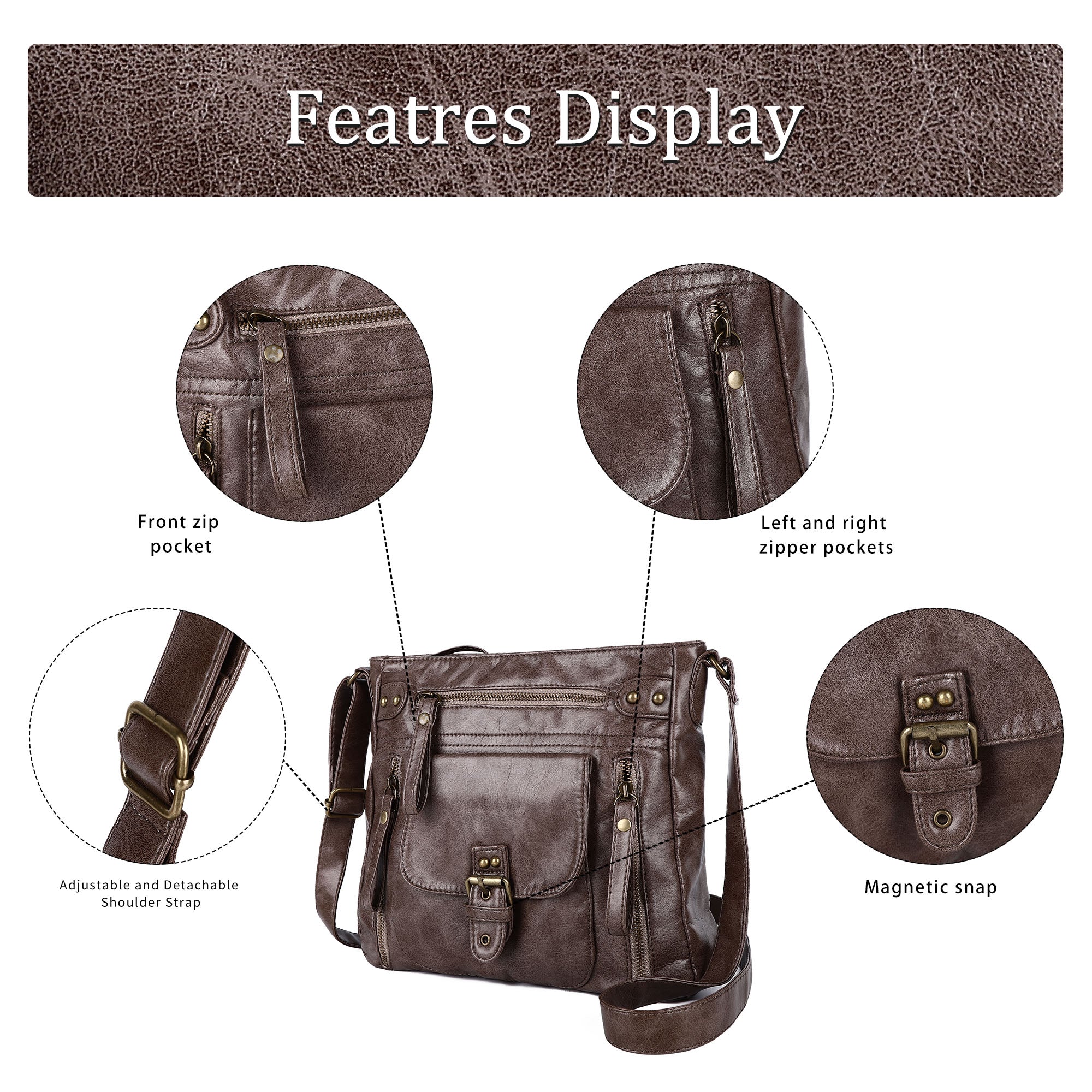 Solid color wash water pu leather adjustable shoulder strap daily shoulder bag