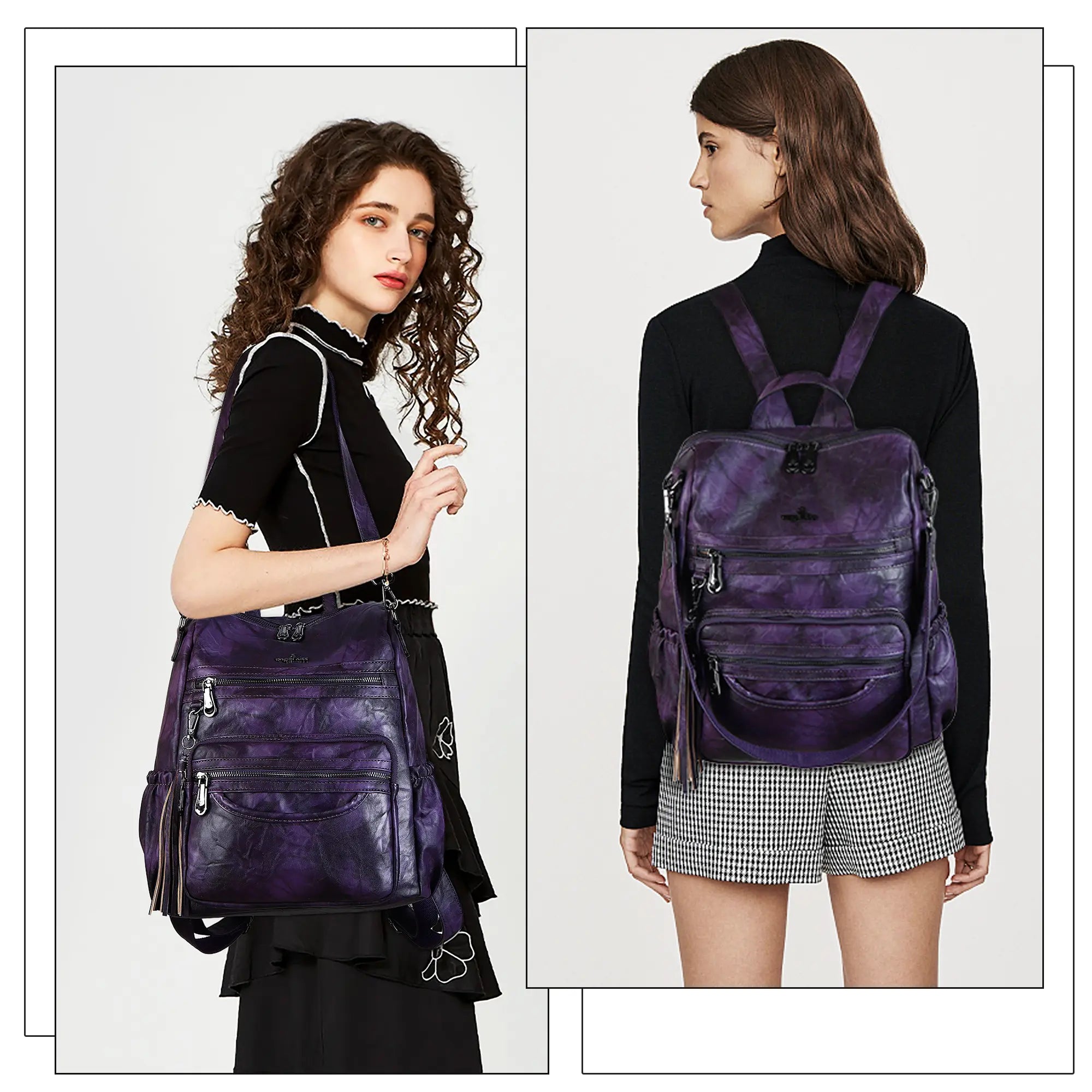 Wash water pu leather plaid document hobo backpacks