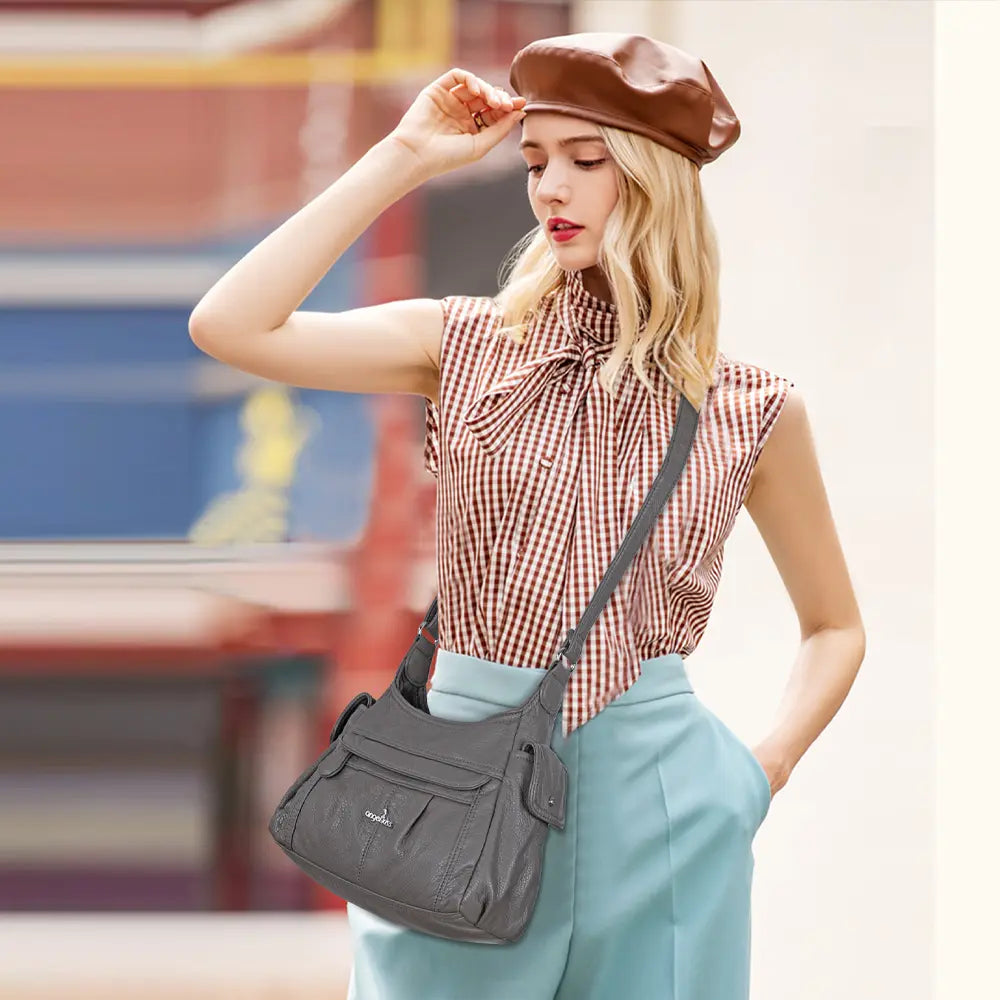 Classic Multi-Pocket Vegan Leather Shoulder Bag – Stylish &amp; Functional