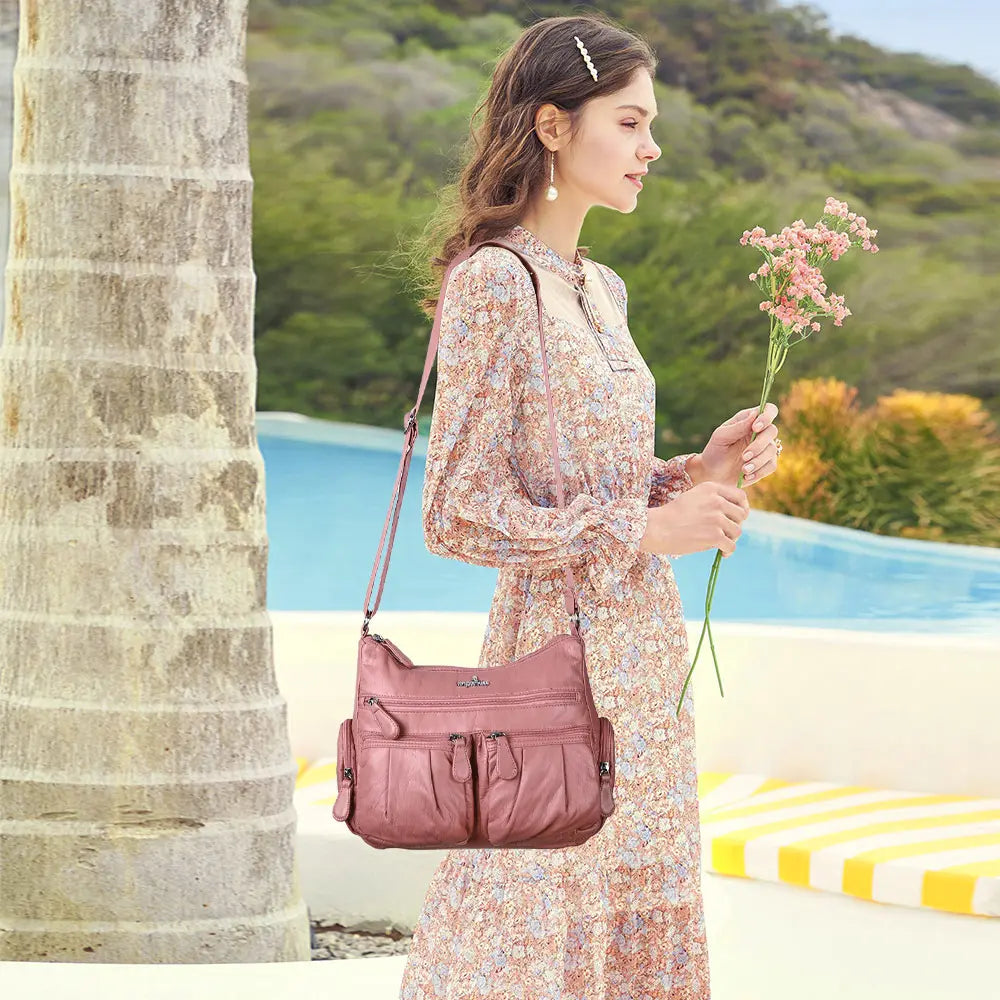 Women's water wash pu leather crossbody bag