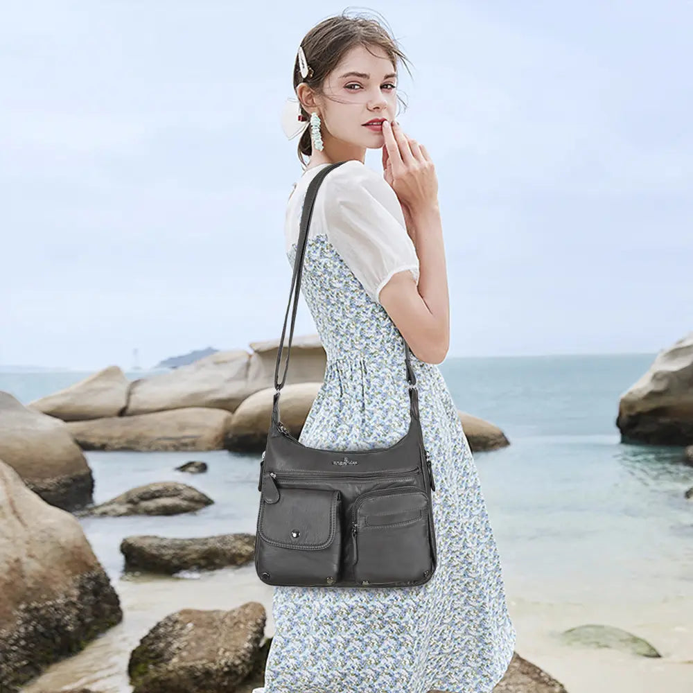 Small Plaid Washed PU Leather Multi-Pocket Crossbody Bag