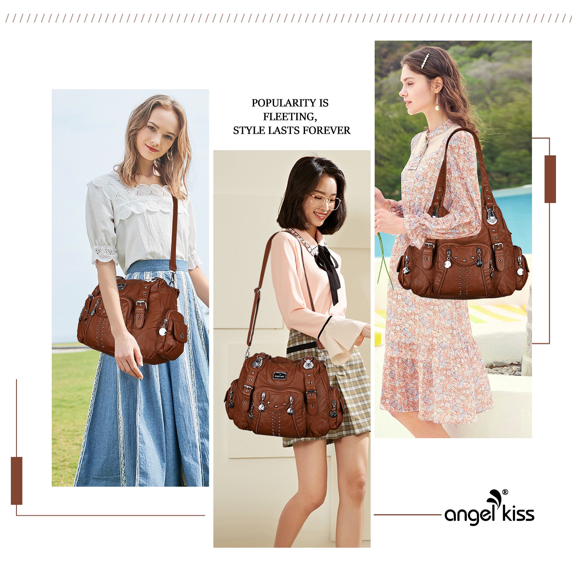 Women Shouder Handbag of Washed PU with Multi-pockets-Angelkiss Bag