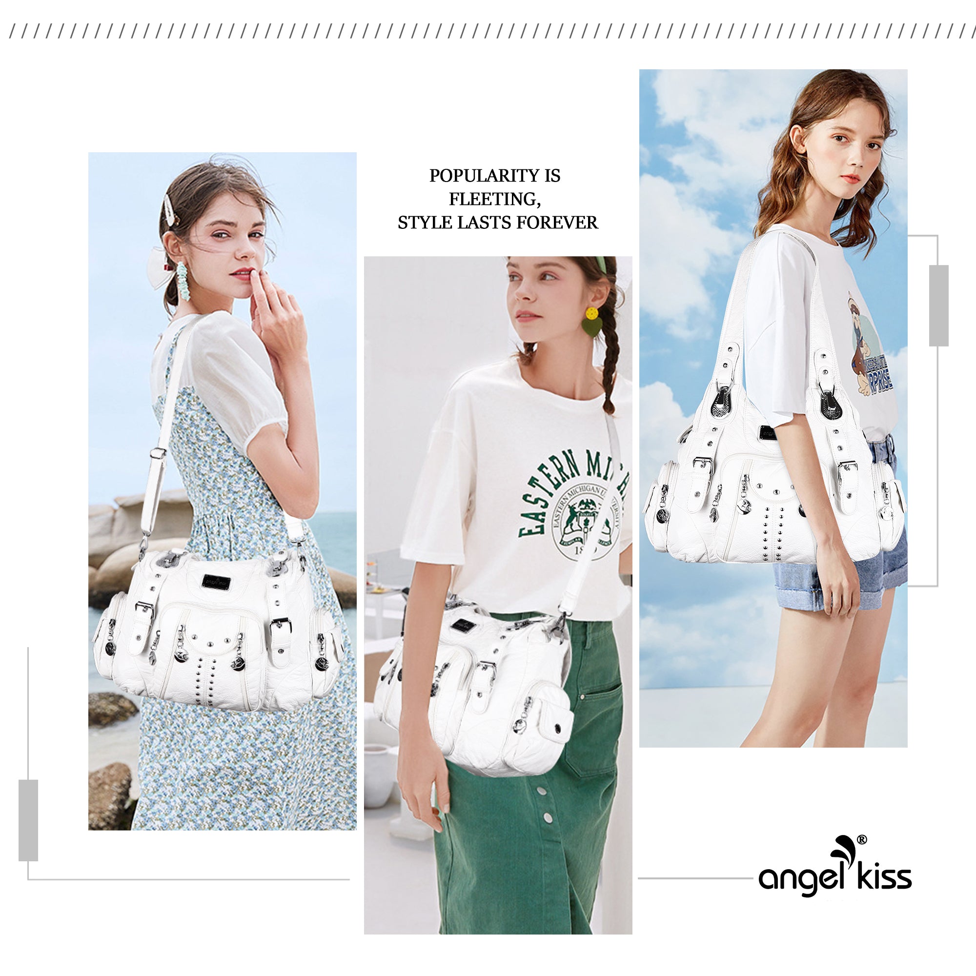 Women Shouder Handbag of Washed PU with Multi-pockets-Angelkiss Bag