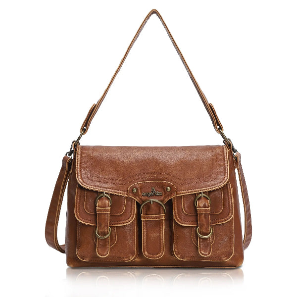 Vintage Washed Flap Shoulder Bag with Front Pockets