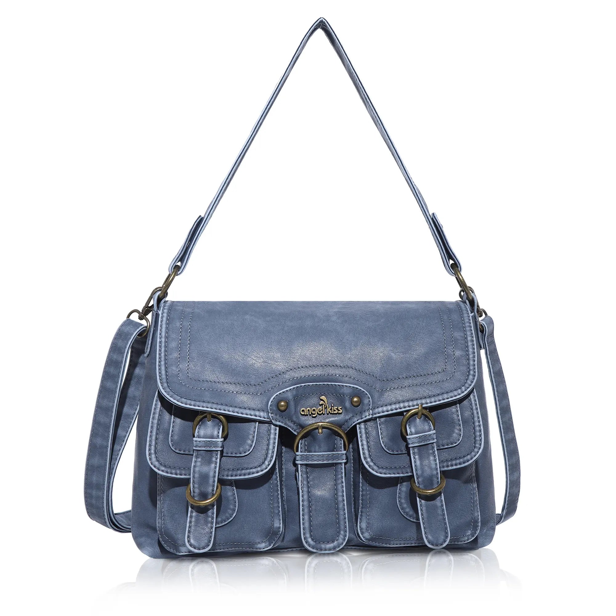 Vintage Washed Flap Shoulder Bag with Front Pockets