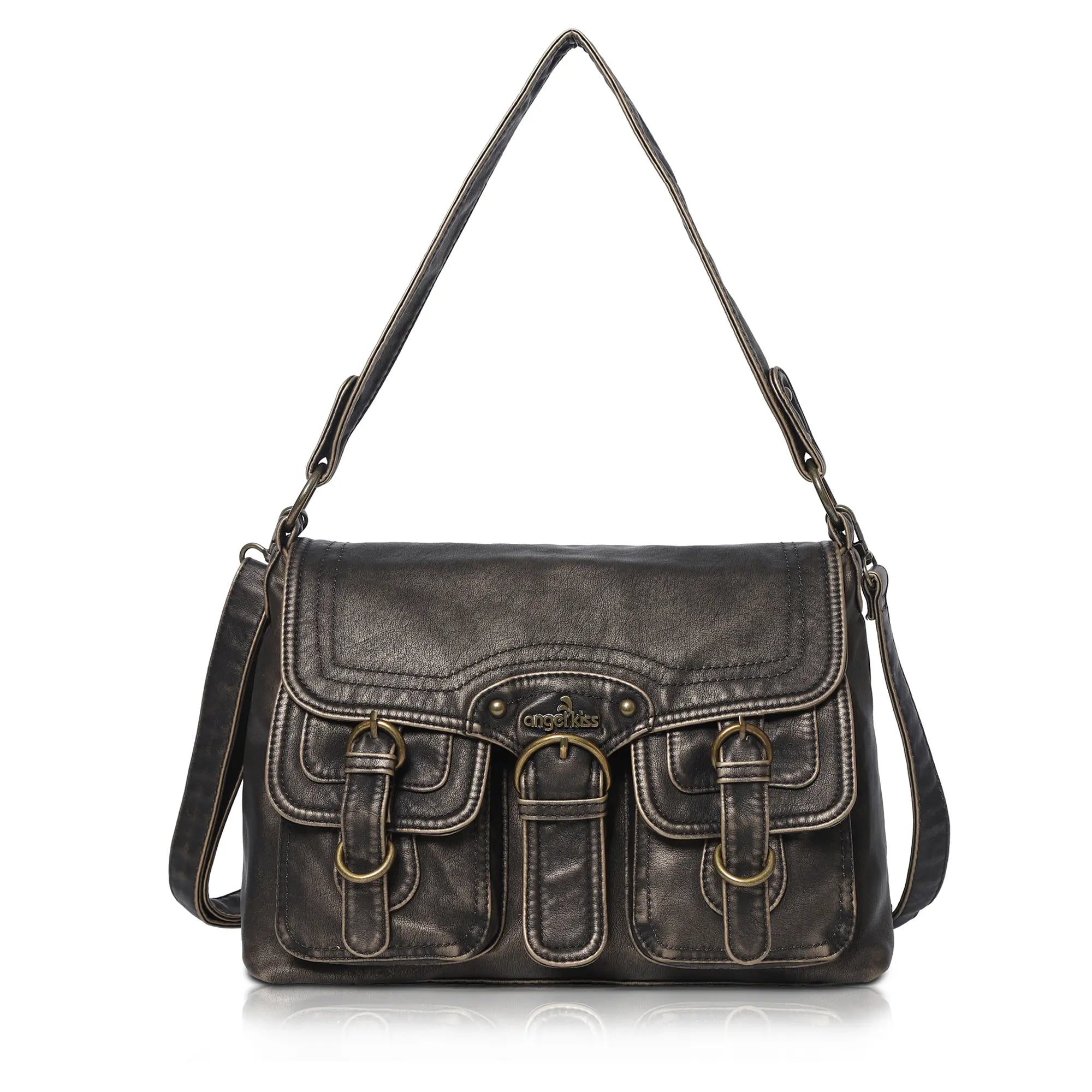 Vintage Washed Flap Shoulder Bag with Front Pockets