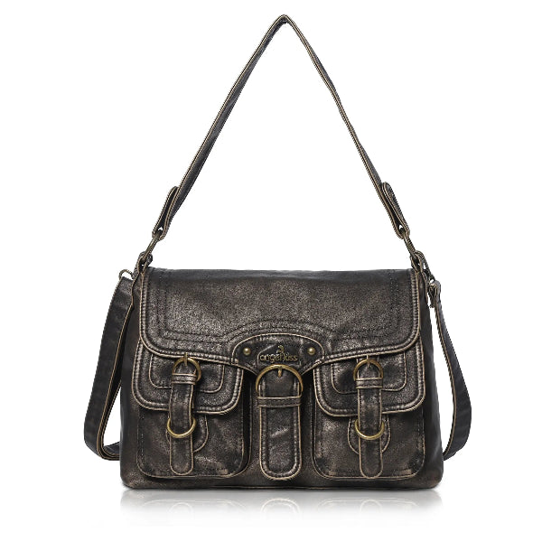 Vintage Washed Flap Shoulder Bag with Front Pockets