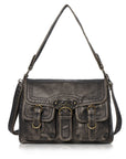 Vintage Washed Flap Shoulder Bag with Front Pockets