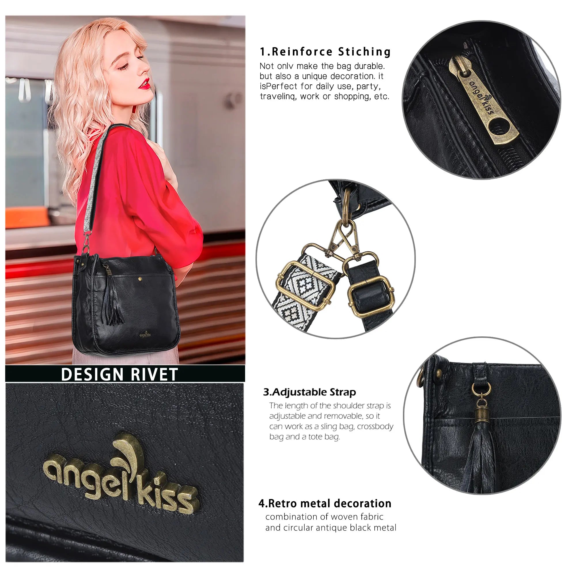 Vegan Leather Tassel Crossbody Bag with Dual Straps