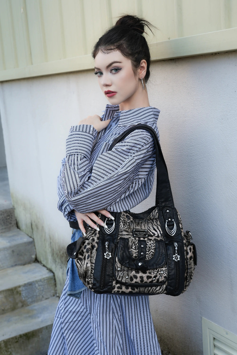 Tote solid color retro tie-dye spacious unique texture of the wandering bag