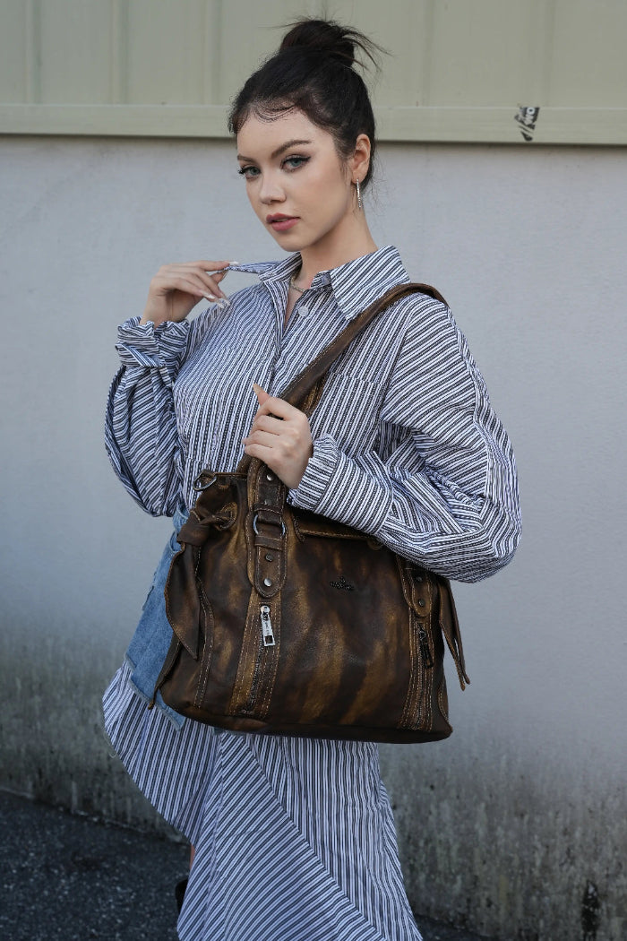 Angelkiss Vintage PU Tote Bag | Large Capacity Shoulder &amp; Crossbody Handbag for Everyday Use