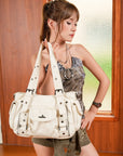 Textured Multi-Pocket Shoulder Bag with Rivet Details