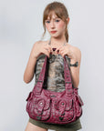 Vintage Y2K Studded Multi-Pocket Semi-Soft Tote Shoulder Bag