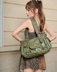 Textured Multi-Pocket Shoulder Bag with Rivet Details