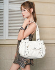Textured Multi-Pocket Shoulder Bag with Rivet Details
