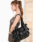 Textured Multi-Pocket Shoulder Bag with Rivet Details