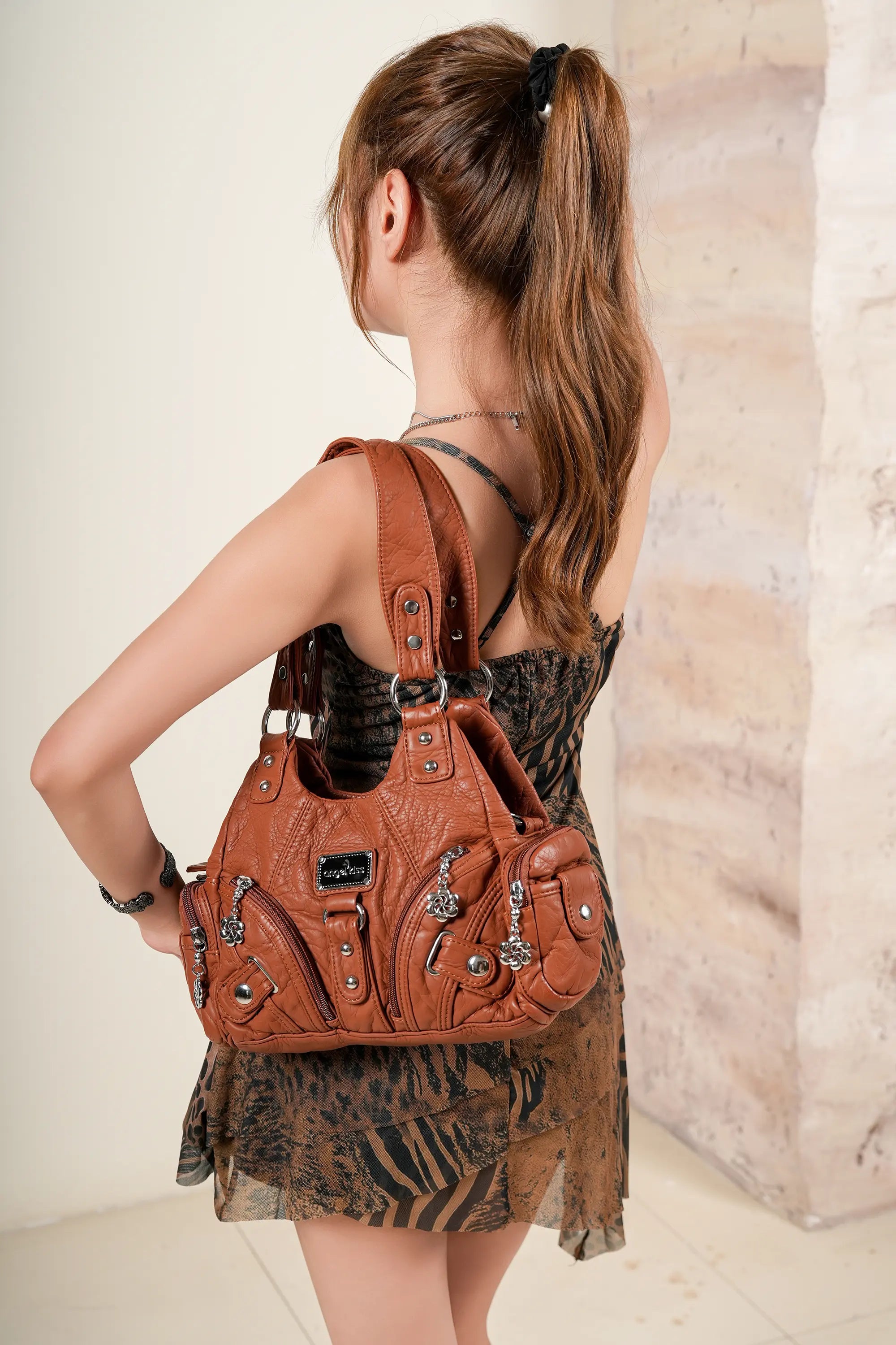 Small Multi-Zip Shoulder Bag with Studded Details – Angelkiss Bag Small Multi-Zip Shoulder Bag with Studded Details – Angelkiss Bag