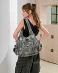 Tie-Dye Hobo Shoulder Bag with Rivet Strap Details
