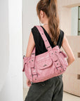 Textured Multi-Pocket Shoulder Bag with Rivet Details