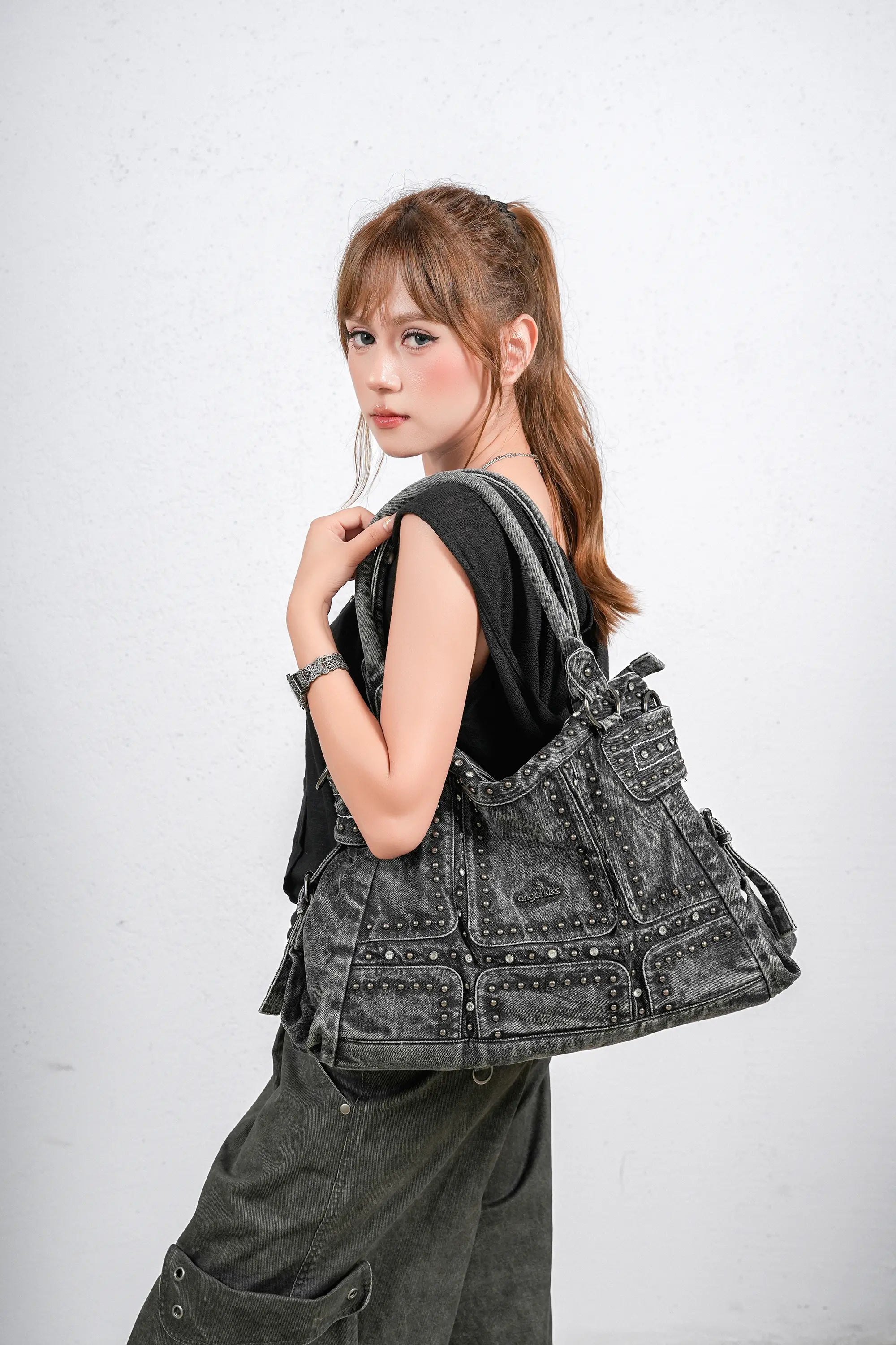 Large Washed Denim Studded Shoulder Crossbody Bag