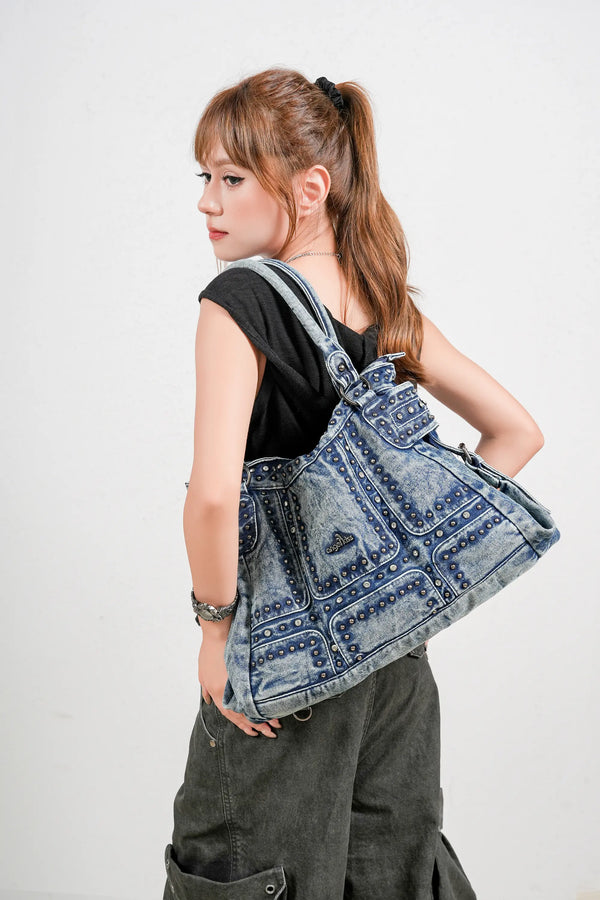 Bolso tote/hombro grande de mezclilla vintage con remaches