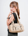 Tie-Dye Multi-Pocket Shoulder Tote Bag with Studded Zipper Details