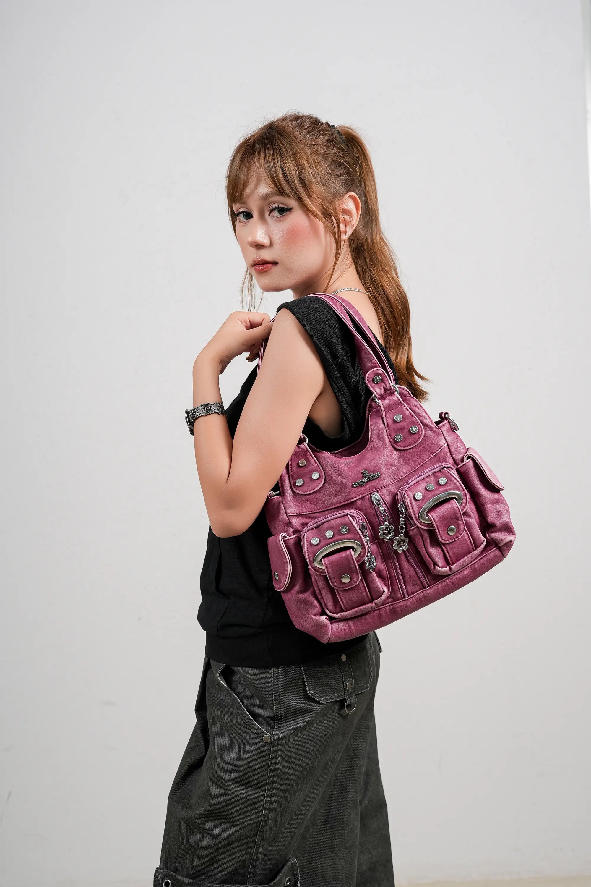 Vintage Multi-Pocket Shoulder Bag - Washed Texture with Studs &amp; Charms