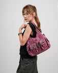 Vintage Multi-Pocket Shoulder Bag - Washed Texture with Studs & Charms