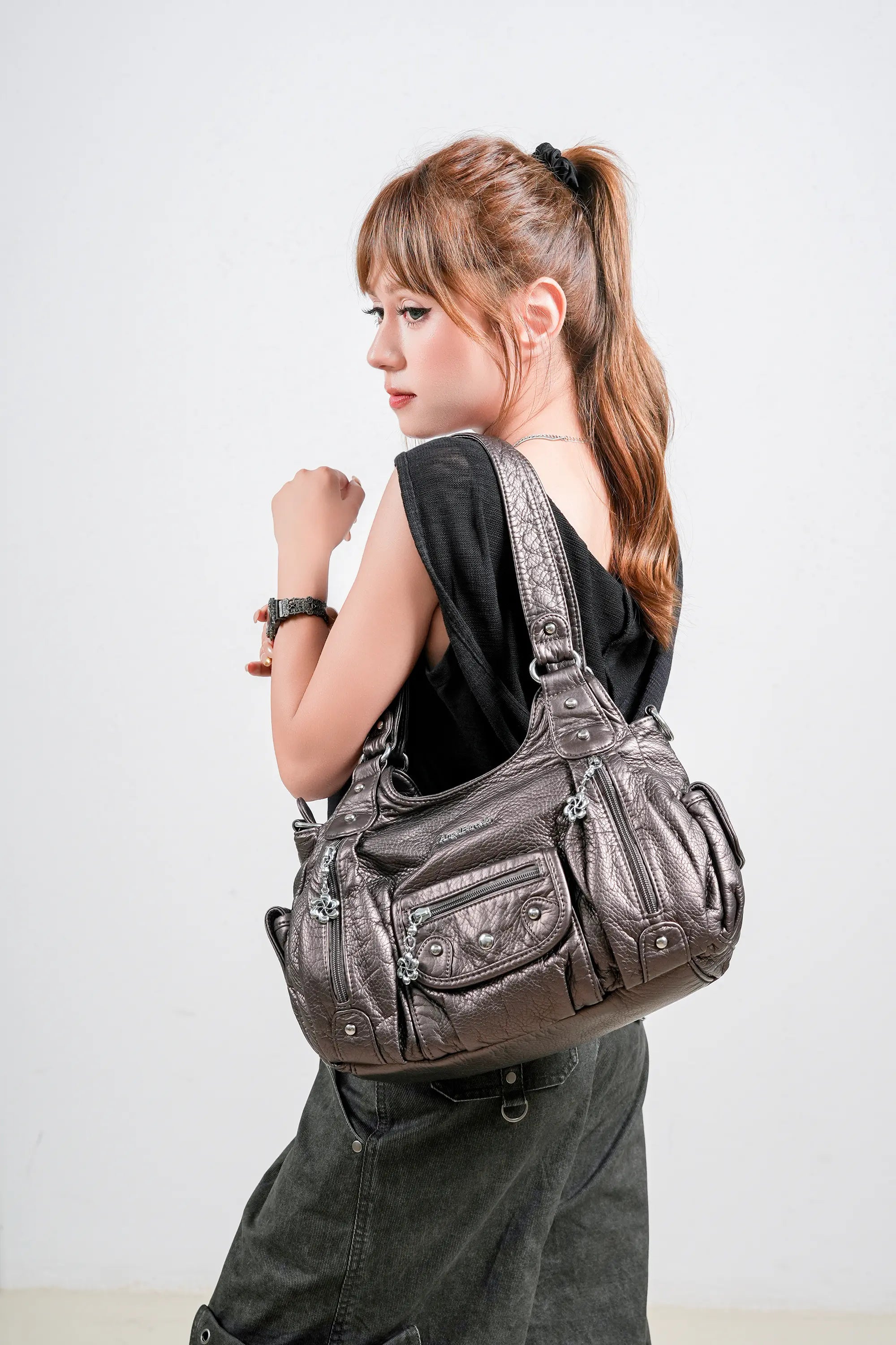 Bolso de mano vintage de piel sintética con lavado antiguo para mujer