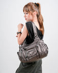 Bolso de mano vintage de piel sintética con lavado antiguo para mujer