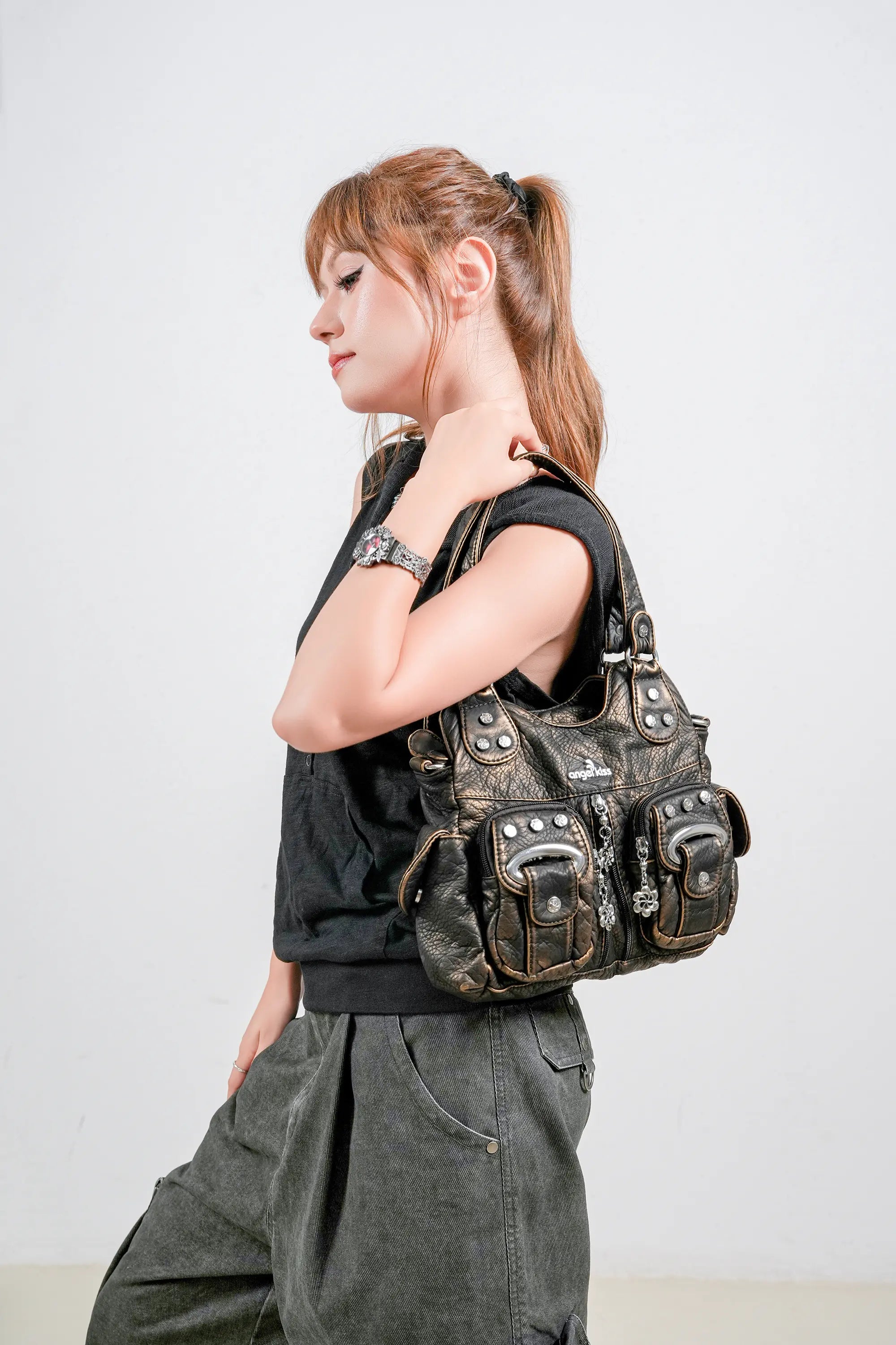 Vintage Multi-Pocket Shoulder Bag - Washed Texture with Studs &amp; Charms